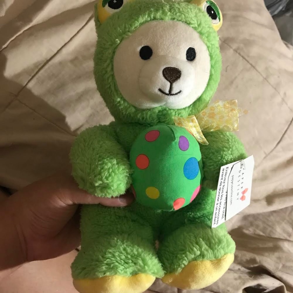 Easter bear in a frog costume holding egg